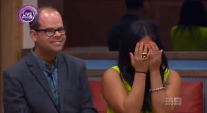 BBAU housemate Mikkayla (right) cries after hearing Ben (left) was evicted from the game.  Housemates later learned Ben's eviction was staged.